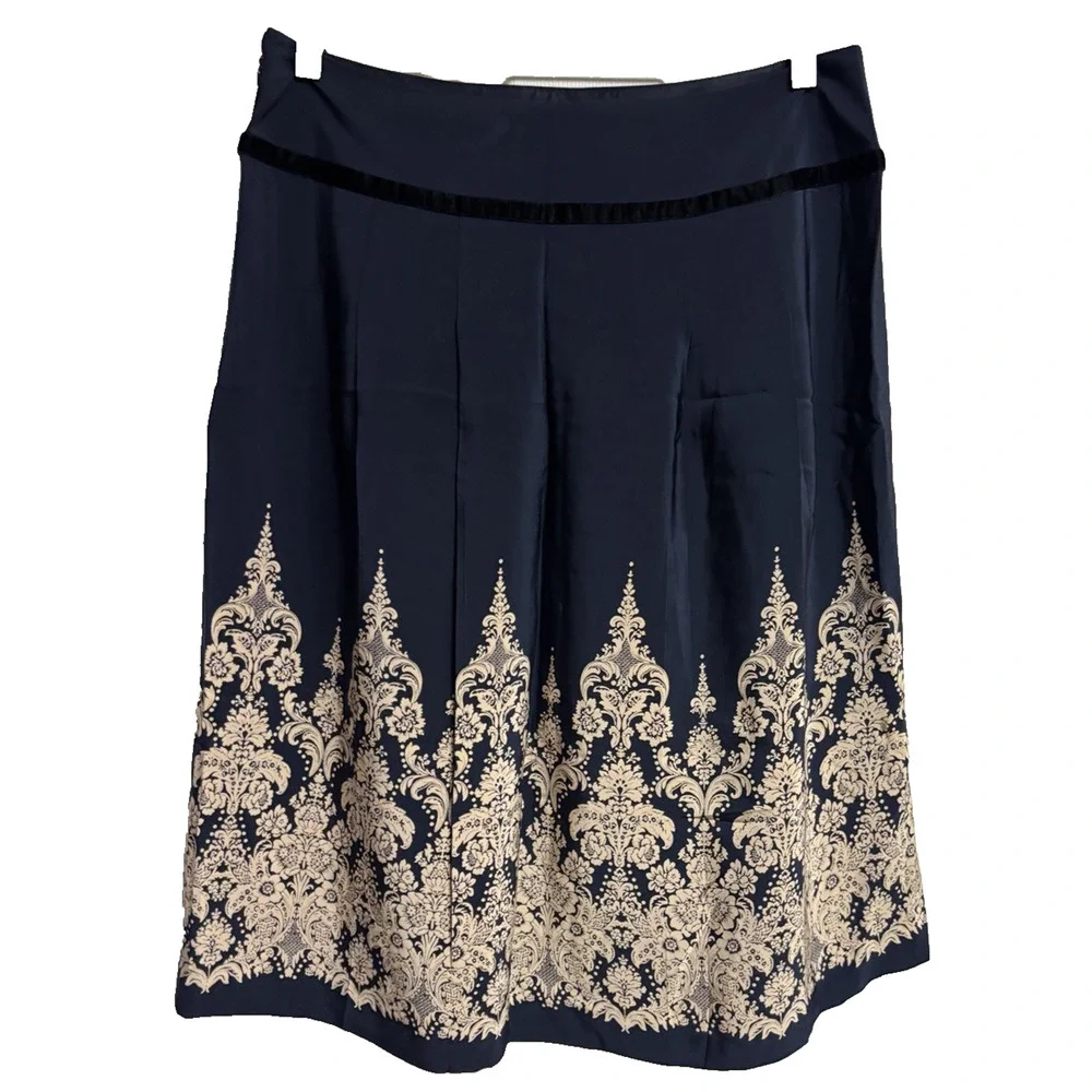Ann Taylor Silk Skirt Full Size 10 Blue Tank Damask Zipper Women Casual Zipper
